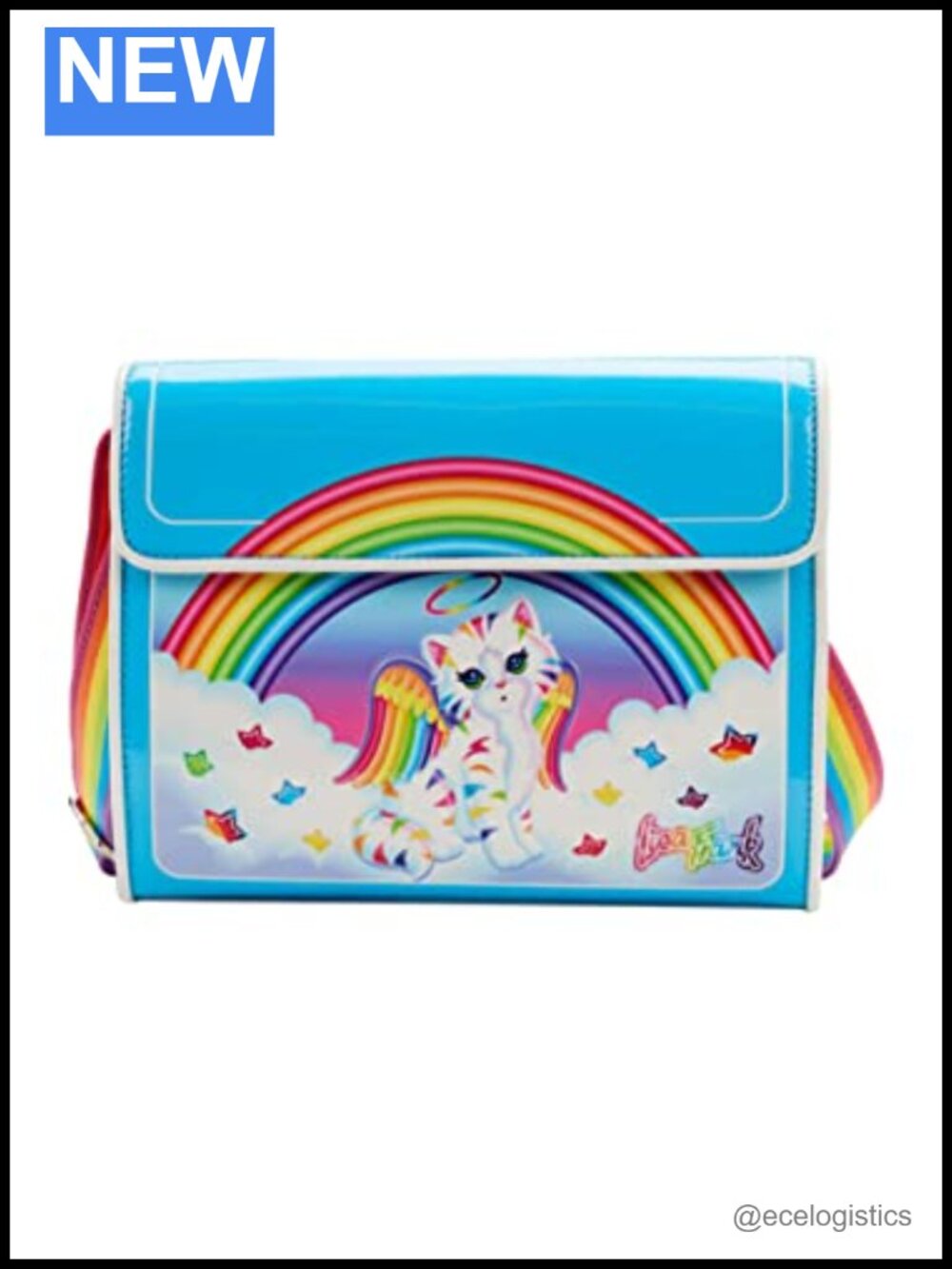 Lisa Frank Angel Kitty Crossbody Faux Leather Purse Rainbow Strap